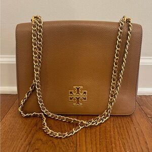 Tory Burch Tan Pebbled Leather Shoulder Bag with Gold Chain
